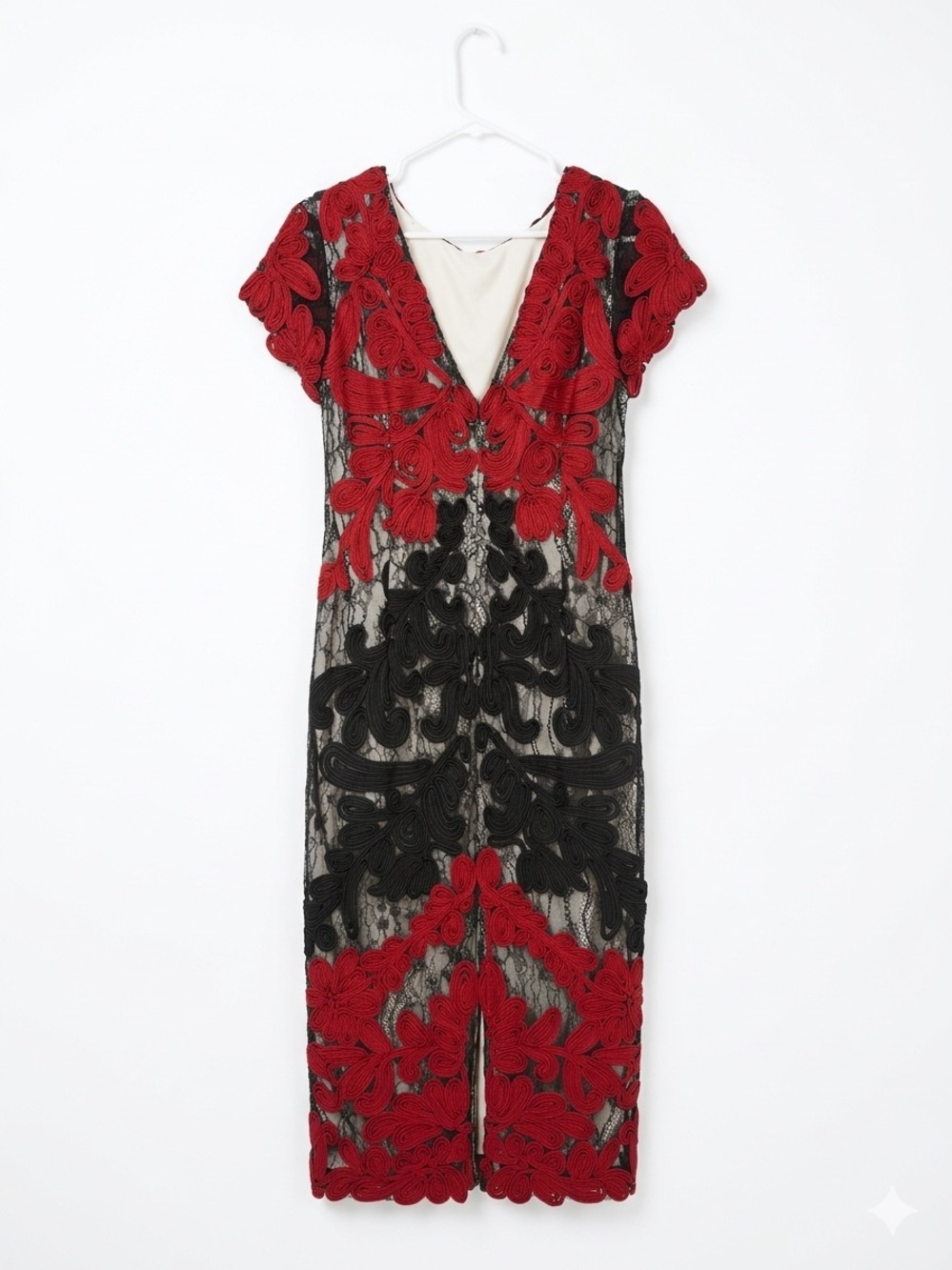 JS Collections Red and Black Lace Appliqué Midi Dress - Picture 2 of 5